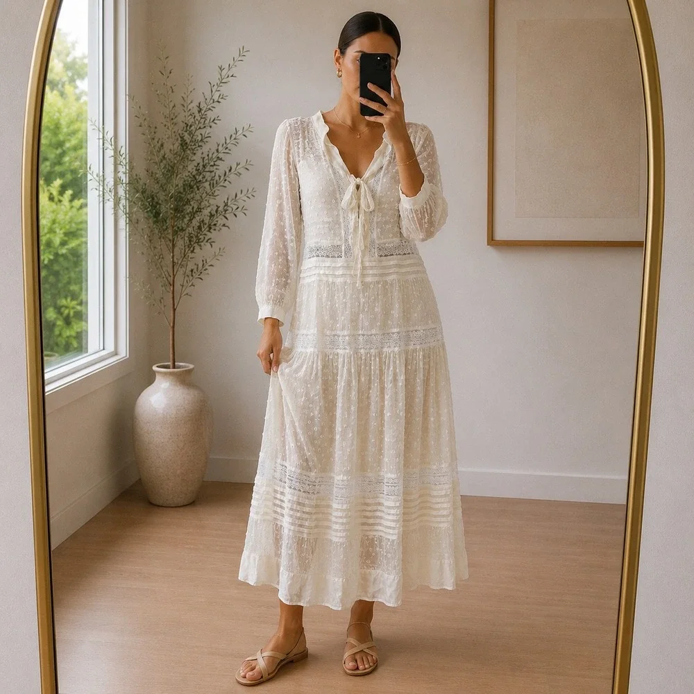 cream zimmermann dress Zimmermann Cream Lace Swiss Dot Silk Blend Midi Dress Size 0